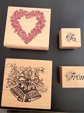 Wooden Stamp Set - rose Heart, wedding Bells, To, & From